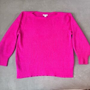 ATHLETA Merino Wool Layover V-Neck Sweater XL Pink Ribbed Chunky Balloon Slv EUC